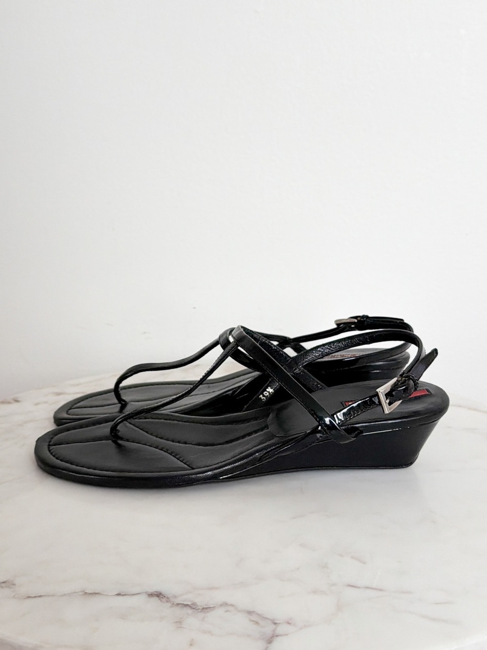 Prada Black Patent Leather Wedge Thong Sandals Size 9.5 US 39.5 IT - Picture 5 of 7